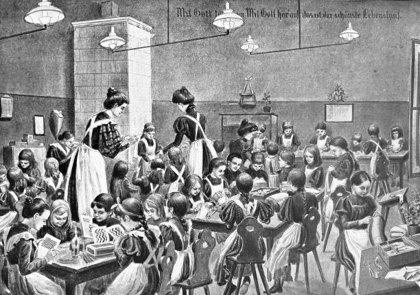 Children's home: working room Illustration from 19th century. child labor stock illustrations
