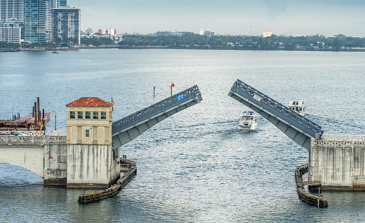 Open drawbridge near to Downtown Miami, opened to allow high boats to pass under it.