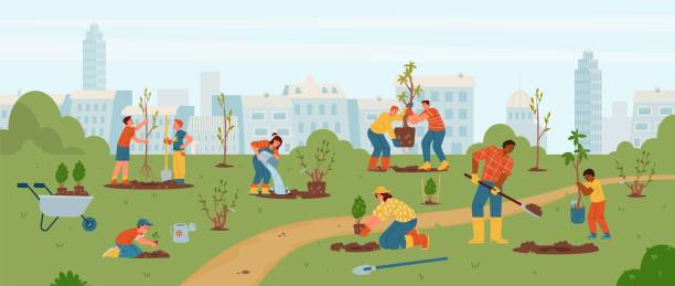 Adults and kids planting trees and bushes in the park Adults and kids planting trees and bushes in the park vector illustration. Different people carrying trees, digging, watering. Gardening with children outdoors. community garden stock illustrations