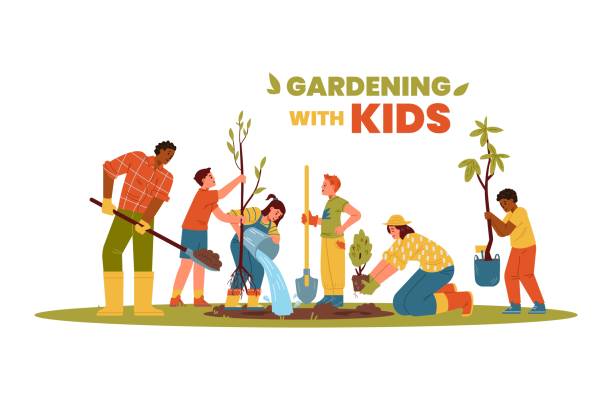 Multiracial children and adults gardening together Gardening with kids horizontal vector banner. Multiracial children and adults planting trees, watering, digging, bringing seedlings. community vegetable garden stock illustrations