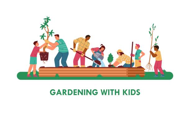 multiracial children and adults planting trees together - müşterek bahçe stock illustrations