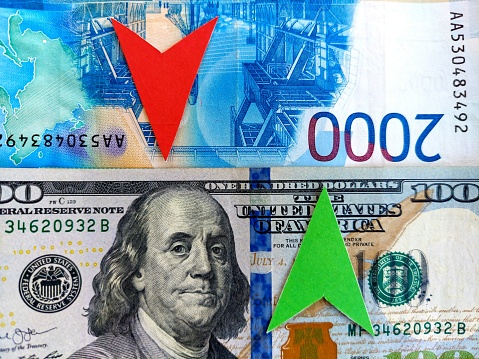 The fall of the ruble. The growth of the dollar. Paper banknotes of Russia and America. The green arrow points up. The red arrow points down.The concept of growth, dollar, ruble decline