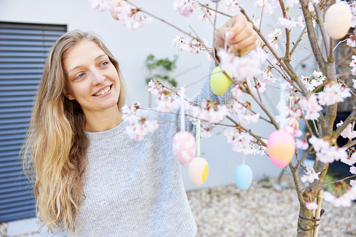A young woman with blond long hair and blue eyes happily hangs easter eggs on her cherry tree in the garden
