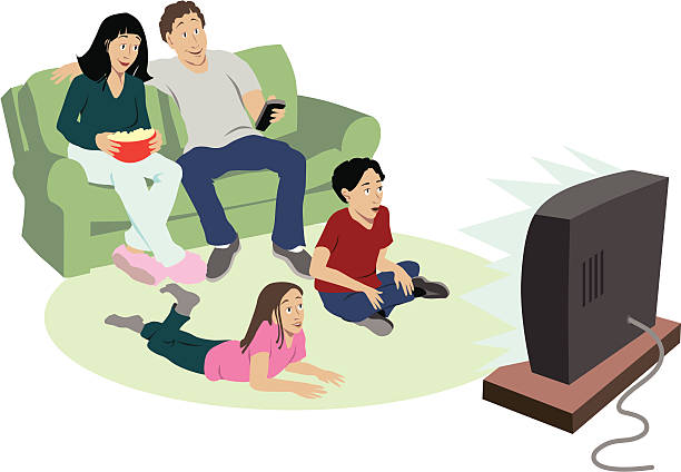 Cartoon of family of four watching television  Family sits in living room watching television. 2 parents, 2 kids, mom holds a bowl of popcorn. kids watching tv stock illustrations