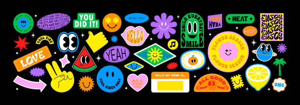 Colorful happy smiling face label shape set Colorful happy smiling face label shape set. Collection of trendy retro sticker cartoon shapes. Funny comic character art and quote sign patch bundle. fun stock illustrations