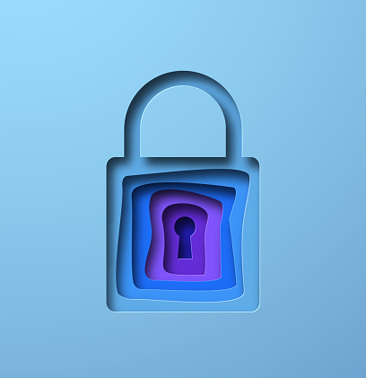 Closed lock shape illustration in realistic 3D paper cut style. Modern papercut padlock symbol design for cyber security concept, online protection or social media privacy.