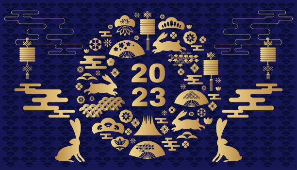 frohes chinesisches neujahr 2023 sternzeichen, jahr des hasen - hase temple stock-grafiken, -clipart, -cartoons und -symbole