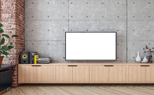 Modern living room with a  blank TV (copy space) and decoration (vases, books, speakers) on a low wooden cabinet on a concrete tiled wall background. A  ruined brick wall on a side with a large potted plant (ficus) on herringbone parquet floor. 3D rendered image.