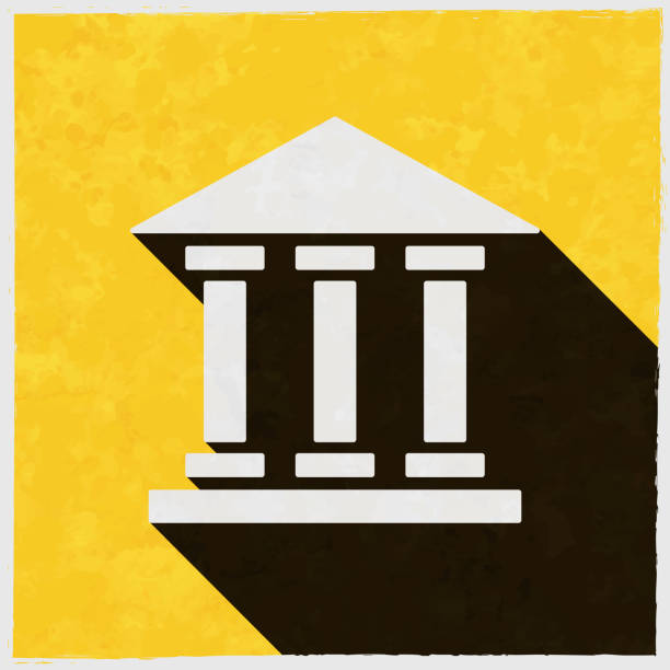 Bank, Courthouse, Museum. Icon with long shadow on textured yellow background Icon of "Bank, Courthouse, Museum" in a trendy vintage style. Beautiful retro illustration with old textured yellow paper and a black long shadow (colors used: yellow, white and black). Vector Illustration (EPS10, well layered and grouped). Easy to edit, manipulate, resize or colorize. Vector and Jpeg file of different sizes. law clipart stock illustrations