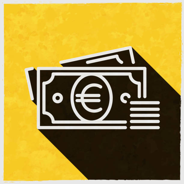 Euro - Cash money. Icon with long shadow on textured yellow background Icon of "Euro - Cash money" in a trendy vintage style. Beautiful retro illustration with old textured yellow paper and a black long shadow (colors used: yellow, white and black). Vector Illustration (EPS10, well layered and grouped). Easy to edit, manipulate, resize or colorize. Vector and Jpeg file of different sizes. background of a euro coins stock illustrations