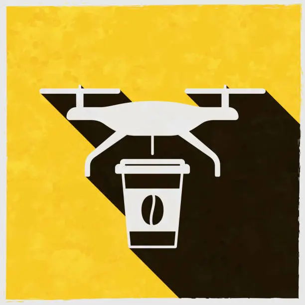 Vector illustration of food delivery drone with coffee. Icon with long shadow on textured yellow background