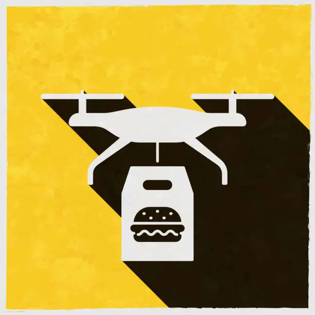 Vector illustration of Food delivery drone with burger. Icon with long shadow on textured yellow background