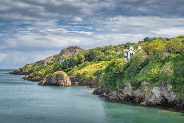 Howth cliff walk with some residential houses and lush green vegetation, Dublin stock photo
