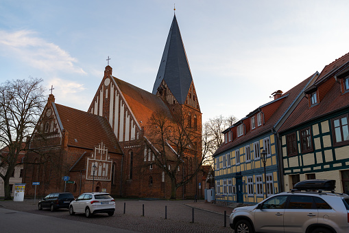 Röbel, Müritz, St. Nikolai church in the city center. The old building is a famous travel destination. Beautiful architecture in Mecklenburg-Vorpommern. Empty streets in the town.