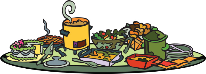 Each potluck item and dish are separate elements. From the pie, cake, crockpot,casseroles, salad and rolls, 14 different grouped pieces of art. 