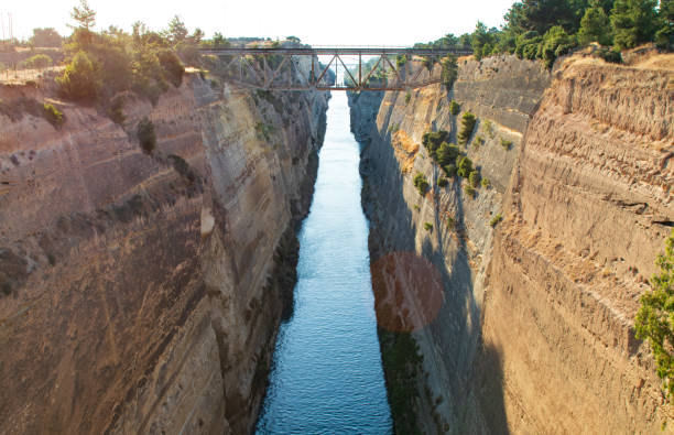Passage through corinth canal, and the metal bridge, Greece stock photo