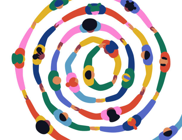 Diverse people friend group round holding hands Big group of people holding hands together making round circle shape. Colorful diverse friend team concept, united community or social cooperation cartoon on isolated background. unity stock illustrations