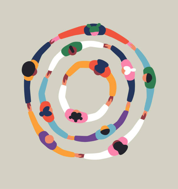Diverse people friend group round holding hands Big group of people holding hands together making round circle shape. Colorful diverse friend team concept, united community or social cooperation cartoon on isolated background. connection stock illustrations
