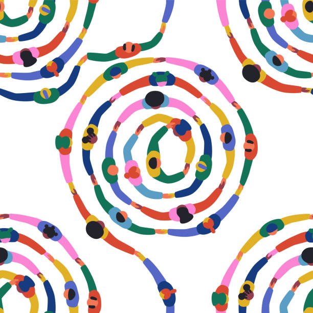 různorodí lidé kulatí kruhu bezešvý vzor - společenská inkluze stock ilustrace