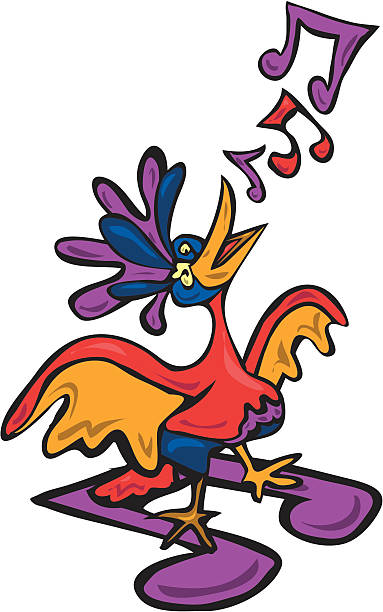 Song Bird Singing A crazy singing song bird sitting on a musical note. Notes and bird are built separate. rooster open wings stock illustrations
