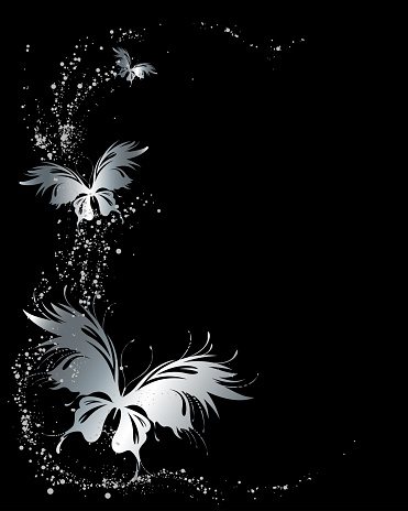 Abstract black background with silver flying butterflies. Vector frame for graphic design, label, badge. Empty space for text.
