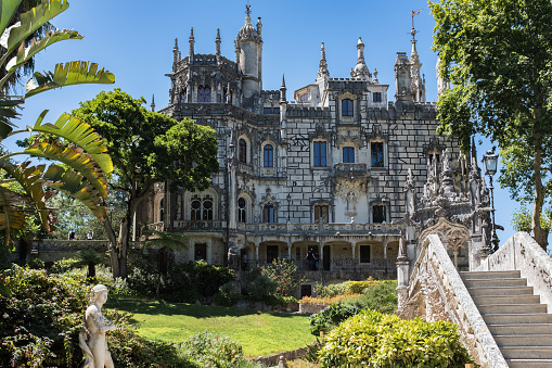 Sintra, Portugal: Quinta da Regaleira palace. Palacio e Quinta da Regaleira. Eccentrically decorated palace. Gardens, tunnels, fountains, caves, and statues. UNESCO World Heritage Site.