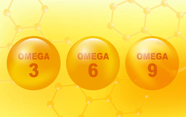 vector omega kwasy trzy sześć i dziewięć tabletek oleju rybnego i symbol cząsteczki dna na żółtym tle. acid epa dha 3, 6 i 9 organiczny składnik witaminowy - fish oil illustrations stock illustrations