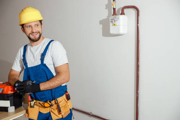 istock Joyful electrician, handyman in uniform, hard hat and protective gloves smiling aside while posing indoors, leaning on a toolbox 1395015831