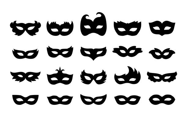 Set of carnival masks silhouettes. Simple black icons of masquerade masks, for party, parade and carnival. Set of carnival masks silhouettes. Simple black icons of masquerade masks, for party, parade and carnival, for Mardi Gras and Halloween. Mask elements can be used as isolated sign, symbol or icon. evening ball stock illustrations
