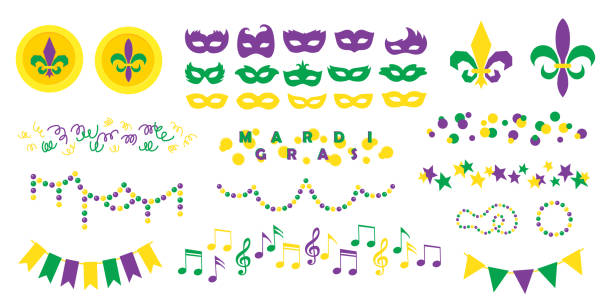 ilustraciones, imágenes clip art, dibujos animados e iconos de stock de conjunto de iconos planos del carnaval de mardi gras, elementos festivos separados para el festival, mascarada. martes de carnaval, martes gordo. - mardi gras