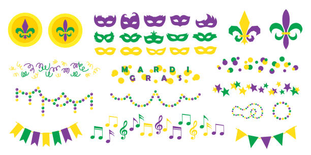 Mardi Gras carnival set of flat icons, separate festive elements for festival, masquerade. Shrove Tuesday, Fat Tuesday. Mardi Gras carnival set of flat icons, separate festive elements for festival, masquerade. Masks, patterns, symbol and sign fleur de lis. Shrove Tuesday, Fat Tuesday, celebration and march parade. mardi gras stock illustrations