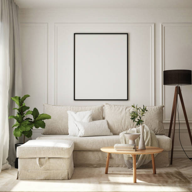 istock mock up poster frame in modern interior background, living room, Scandinavian style, 3D render, 3D illustration 1395017434