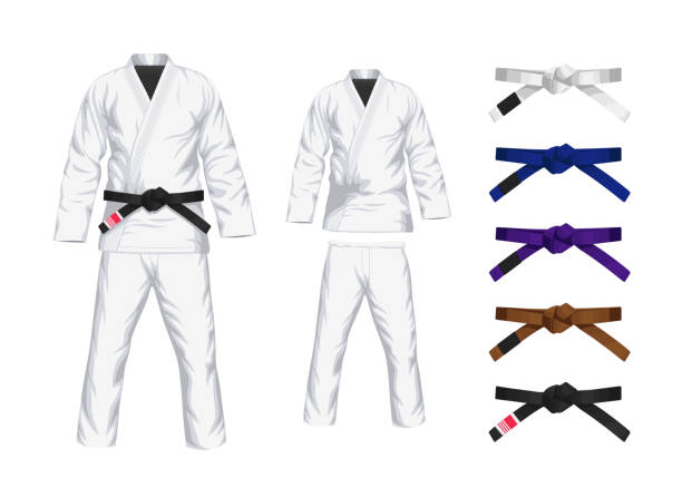 bjj white gi flache vektorillustration. kimono und hose mit allen gürteln vektorillustration im flachen stil. - ju jitsu stock-grafiken, -clipart, -cartoons und -symbole