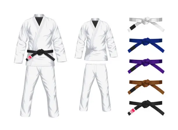 Vector illustration of BJJ White Gi flat vector illustration. Kimono and pants with all belts  vector illustration in flat style.