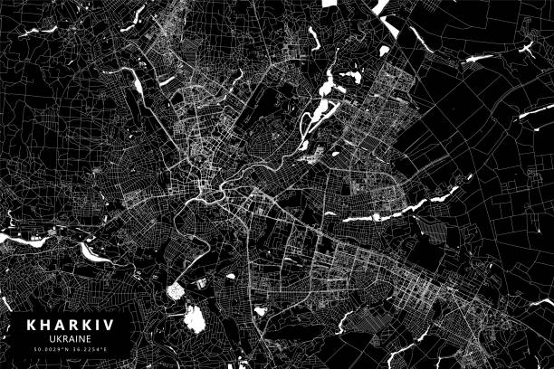 Kharkiv, Ukraine Vector Map Poster Style Topographic / Road map of City, Country. Map data is open data via openstreetmap contributors. All maps are layered and easy to edit. Roads are editable stroke. ukraine war stock illustrations