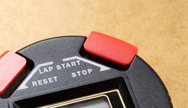 istock Modern digital professional sport stopwatch start stop and lap buttons, object detail, macro, extreme closeup, nobody. Sports timing, time measuring instrument, performance evaluation abstract concept 1395020885