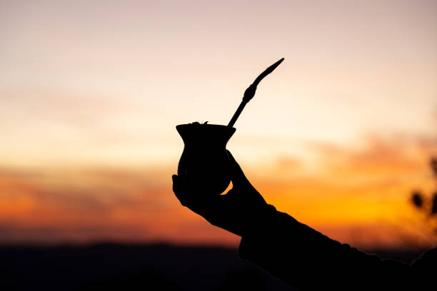 silhouette einer hand, die bei sonnenuntergang einen yerba mate kürbisdrink hält - rio grande stock-fotos und bilder