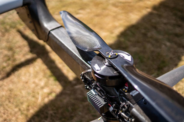 istock Selective focus on black carbon fiber drone propeller UAV rotor. 1395022186