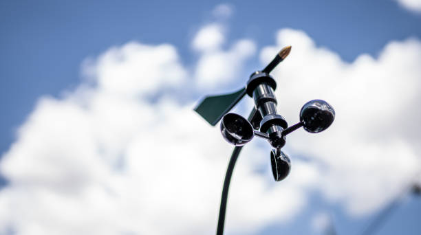 Weather station for measuring wind velocity. Anemometer on blue sky. Precision farming equipment. Weather station for measuring wind velocity. Anemometer on blue sky. Precision farming equipment. hygrometer photos stock pictures, royalty-free photos & images