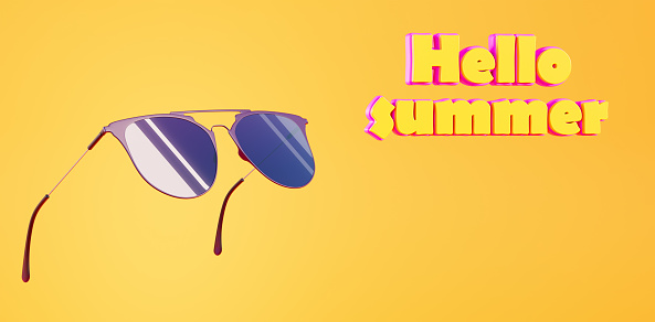 Sunglasses and 3d text Hello Summer. Sale banner. Concept of travel and vacation. Fashionable sunglasses on a yellow background, 3d render