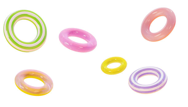istock Inflatable multicolored circles, 3d render. Swimming rings. Concept of vacations and beach holidays. Pool Lifebuoys 1395025952