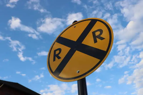 A railroad crossing sign is pictured near the Steamtown National Historic Site in Scranton, Pennsylvania.