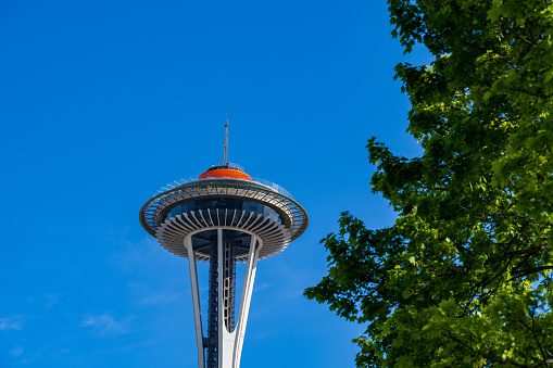 Seattle, Washington, U.S.A-  April 30, 2022: Seattle Center is a popular tourist destination where people enjoy many cultural amenities and viewing the Space Needle.