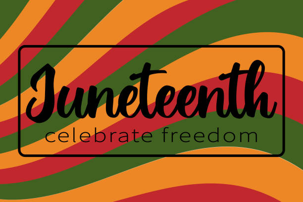 Vector banner Juneteenth - celebration in USA, African American Emancipation Day. Text Celebrate Freedom. pattern with lines in African colors - red, green, yellow. Vector banner Juneteenth - celebration in USA, African American Emancipation Day. Text Celebrate Freedom. pattern with lines in African colors - red, green, yellow juneteenth celebration stock illustrations