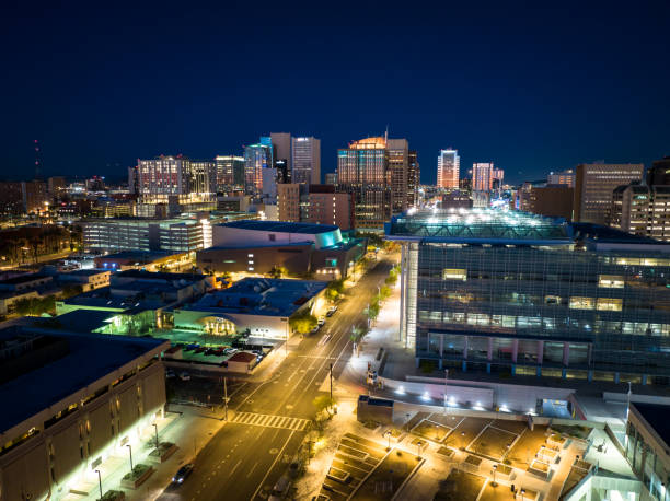 istock Washington St in Downtown Phoenix, AZ at Night - Drone Shot 1395029432