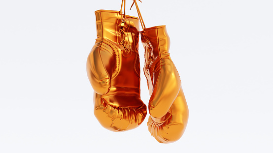 gold Hanging boxing gloves isolated on white background, 3D render