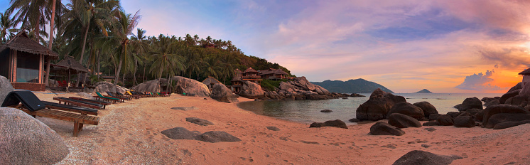 Stitched Panorama of tropical beach before sunset.Tao island. Thailand