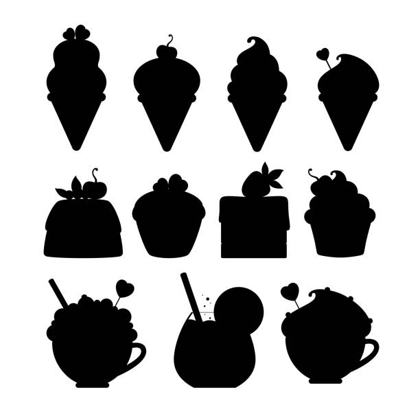 sweets shadow set Set of vector silhouettes of stylized sweet food and drinks. Ice cream, cake, coffee cup and lemonade bakery silhouettes stock illustrations