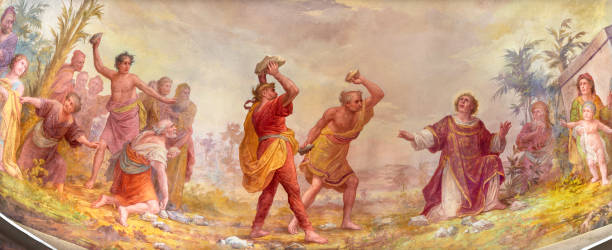 Mannagio - The neobaroque fresco of Stoning of St. Stephen in church chiesa di Santo Stefano Mannagio - The neobaroque fresco of Stoning of St. Stephen in church chiesa di Santo Stefano by Luigi Tagliaferri from end of 19. cent. martyr stock pictures, royalty-free photos & images