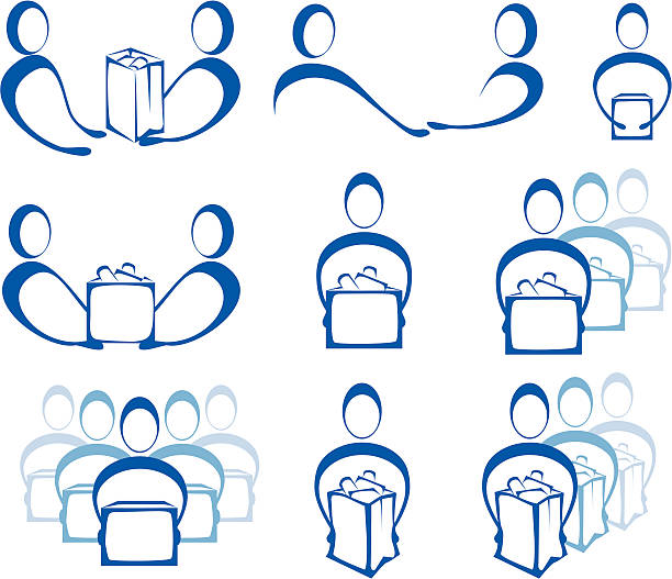 Giving and Receiving Icons 9 stylized graphics of people giving, donating or delivering boxes or bags or food.  food bank delivery stock illustrations